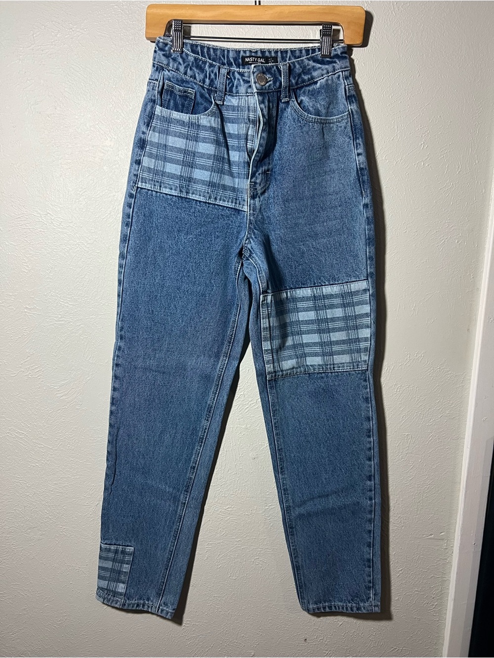 Nasty Gal Blue Plaid-Patch High-Waist Jeans - Blue size 2